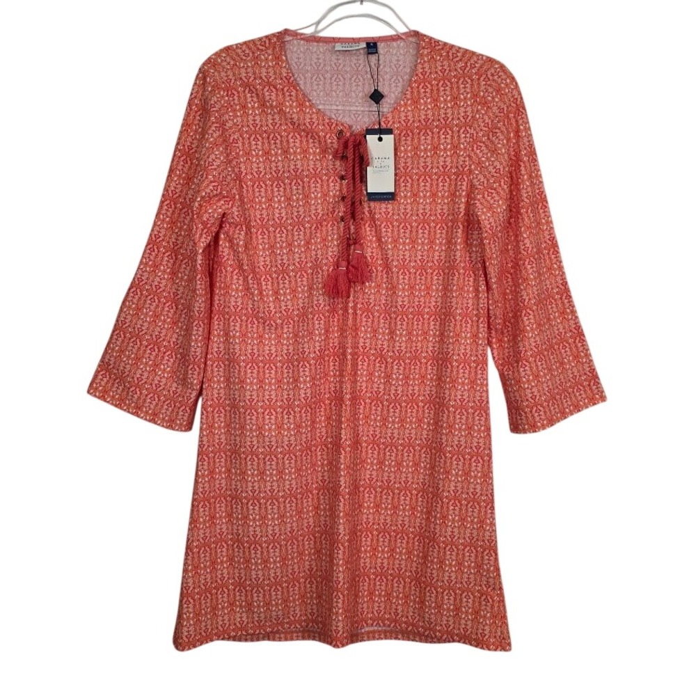 Talbots X Cabana Life Womens M Tunic Cover Up Dress Coral UPF 50+ Lace Up Tassel